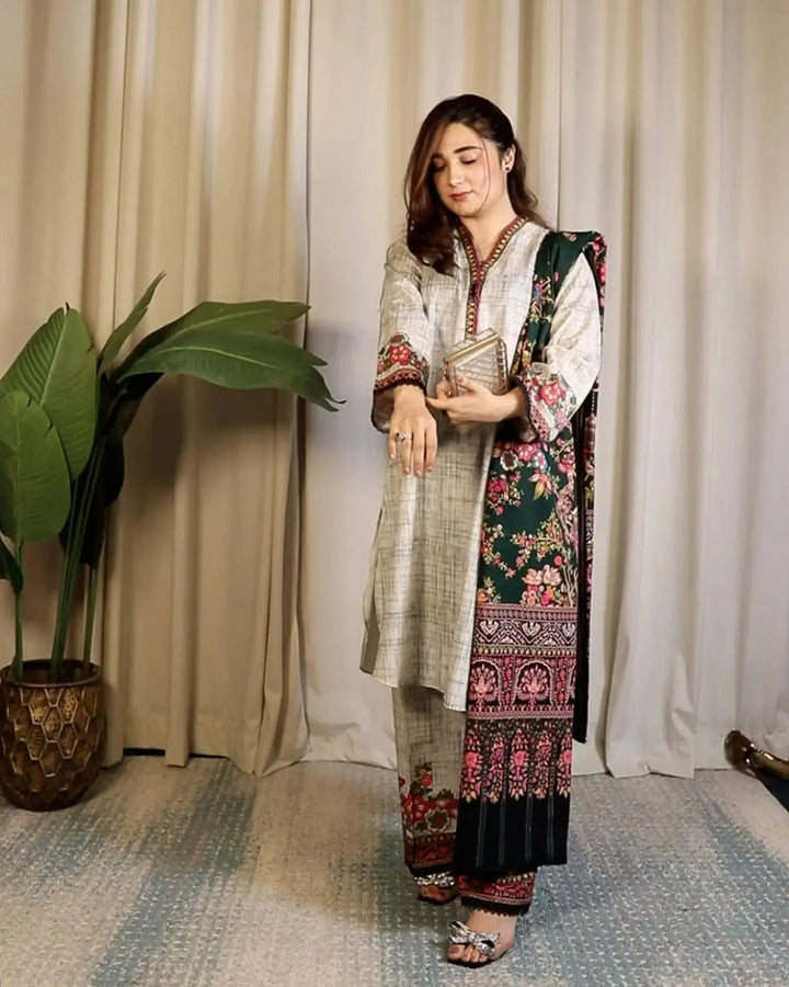 3 Piece - Printed Khaddar Suit Unstitched | UNFF015 - Sha Posh Textile
