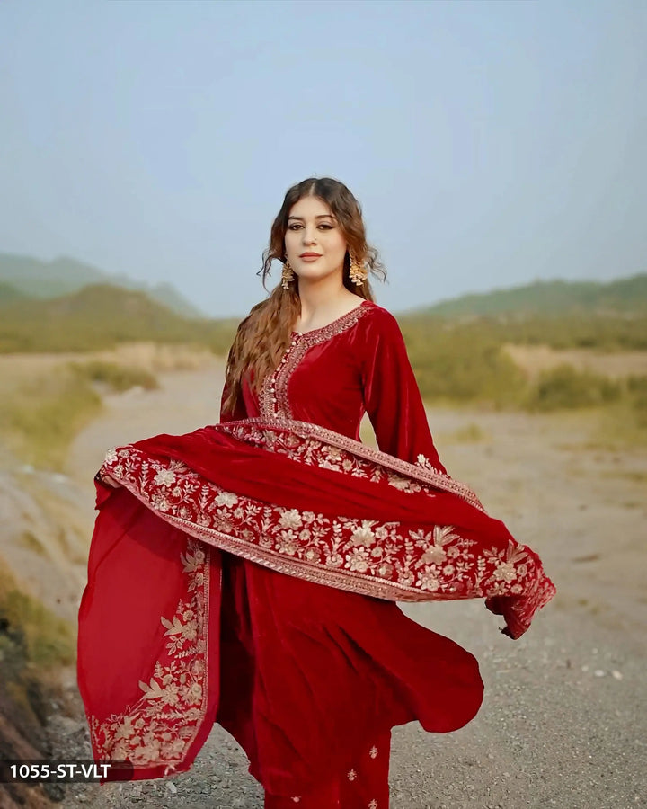 Stitched 3 Piece Velvet Frock | 1055-ST-VLT ShaPosh Textile