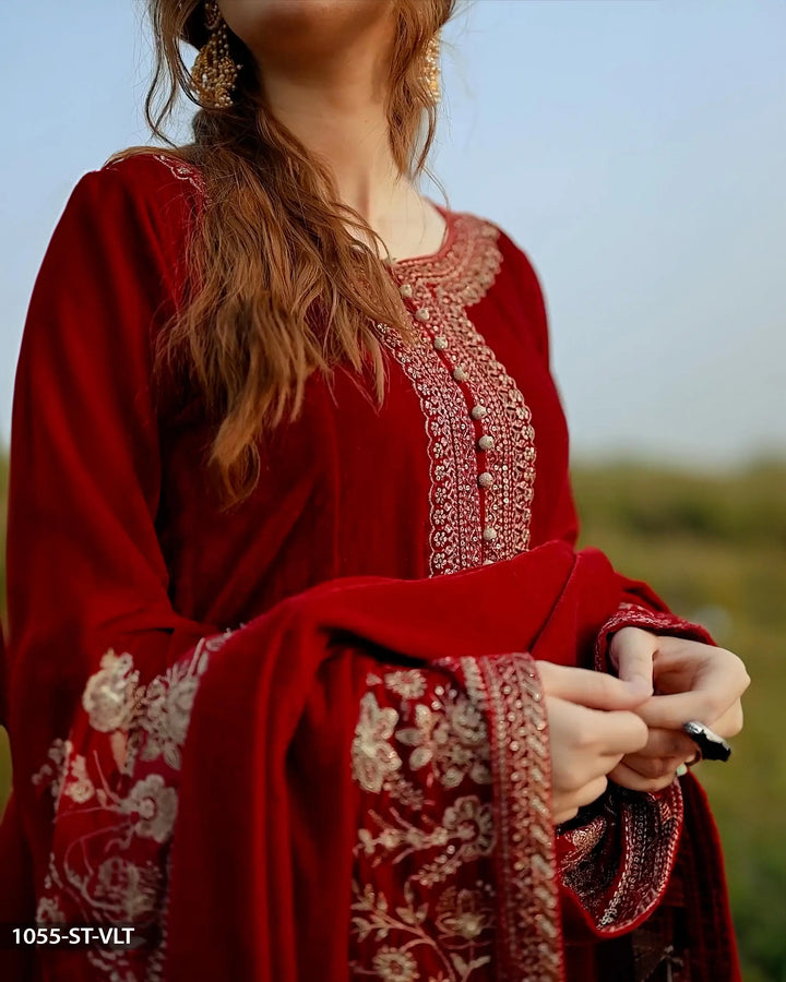 Stitched 3 Piece Velvet Frock | 1055-ST-VLT ShaPosh Textile