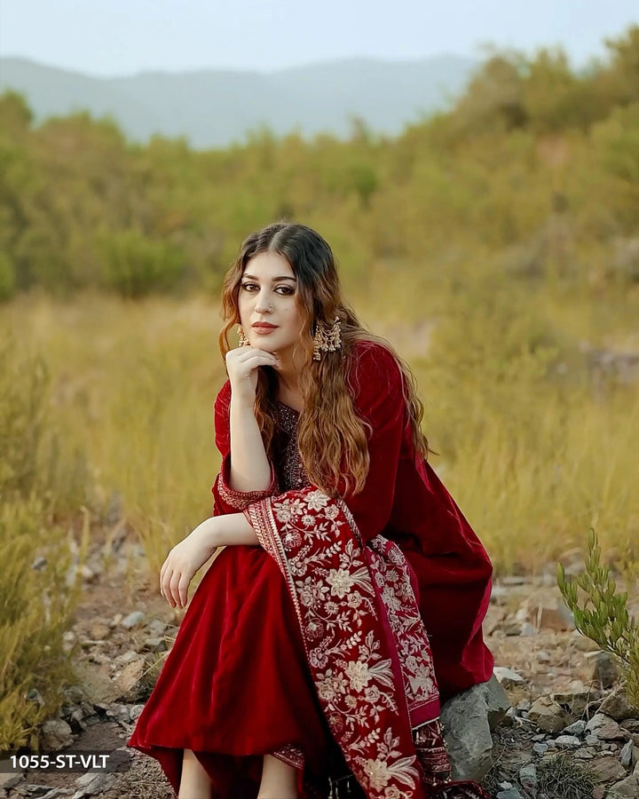 Stitched 3 Piece Velvet Frock | 1055-ST-VLT ShaPosh Textile