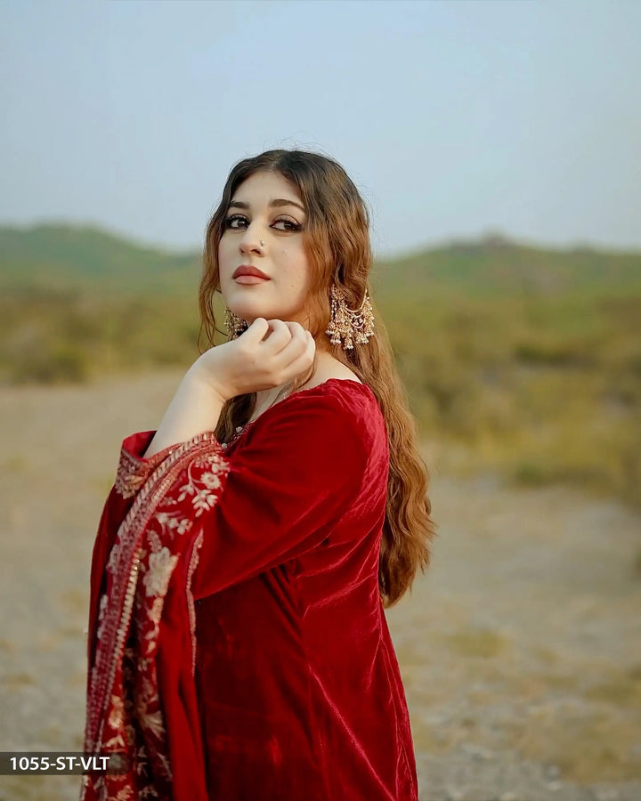 Stitched 3 Piece Velvet Frock | 1055-ST-VLT ShaPosh Textile