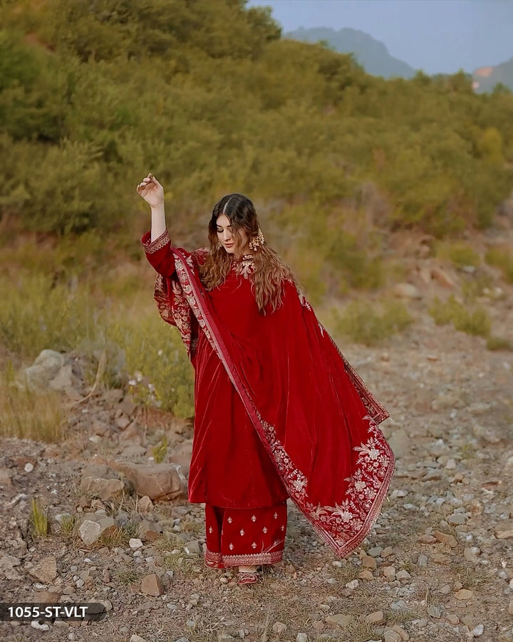 Stitched 3 Piece Velvet Frock | 1055-ST-VLT ShaPosh Textile