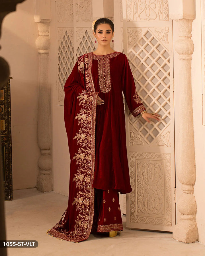 Stitched 3 Piece Velvet Frock | 1055-ST-VLT ShaPosh Textile
