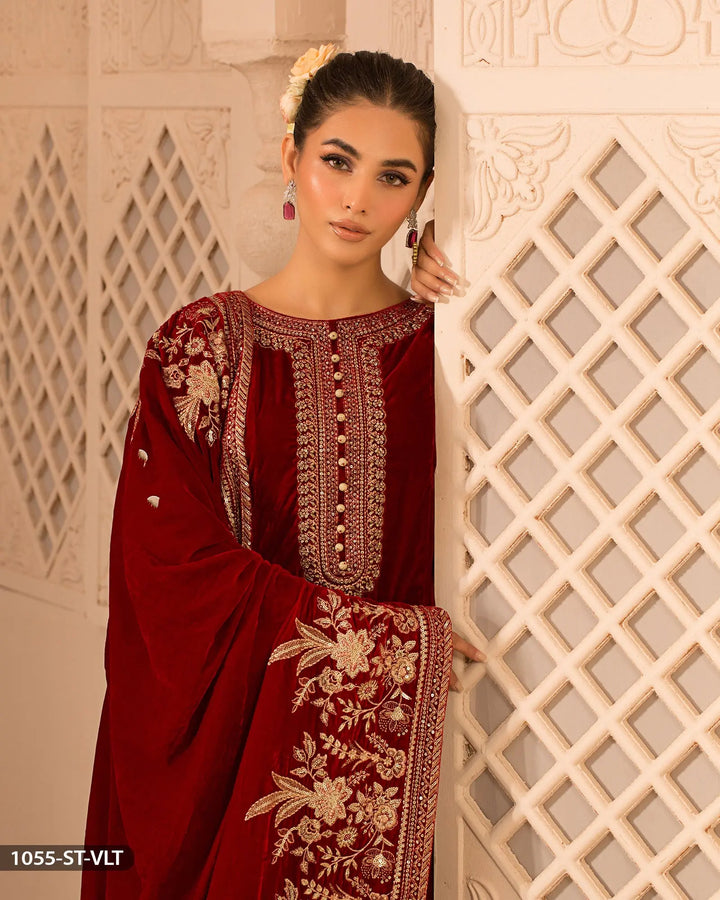 Stitched 3 Piece Velvet Frock | 1055-ST-VLT ShaPosh Textile