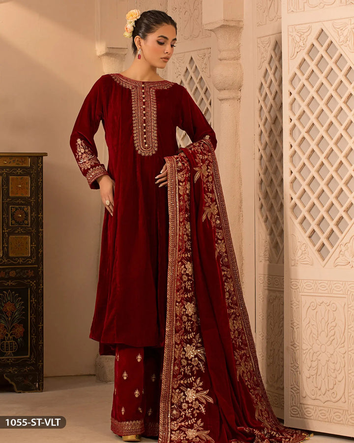 Stitched 3 Piece Velvet Frock | 1055-ST-VLT ShaPosh Textile