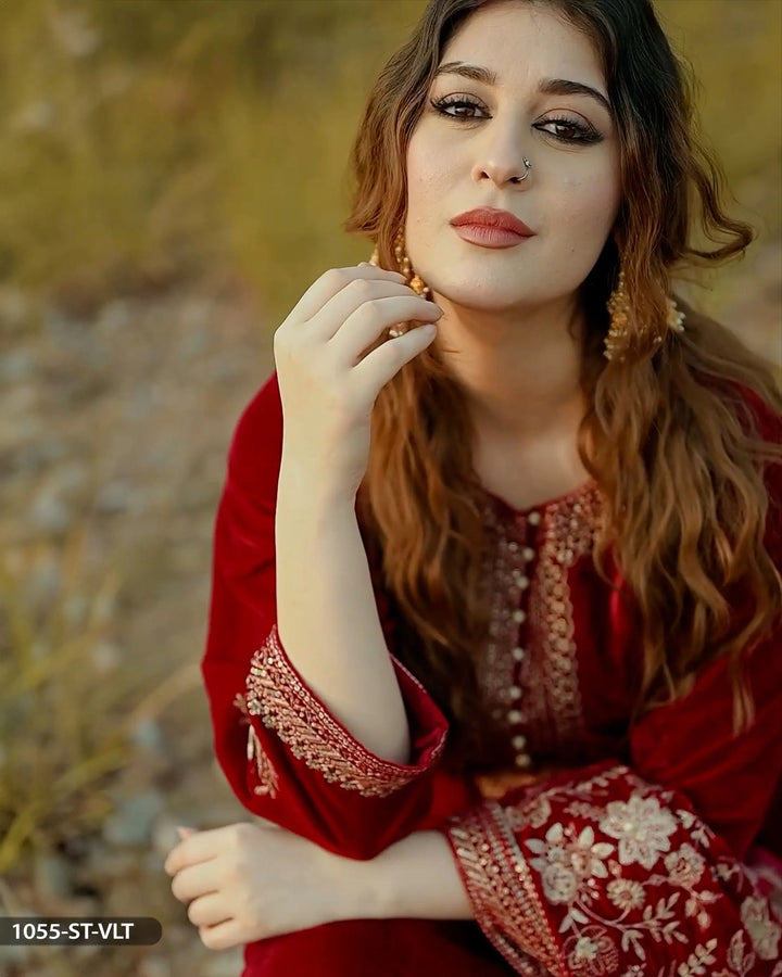 Stitched 3 Piece Velvet Frock | 1055-ST-VLT ShaPosh Textile