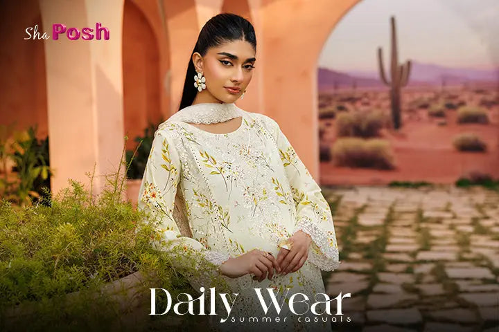 Woman wearing lightweight lawn dress for daily wear in Pakistan