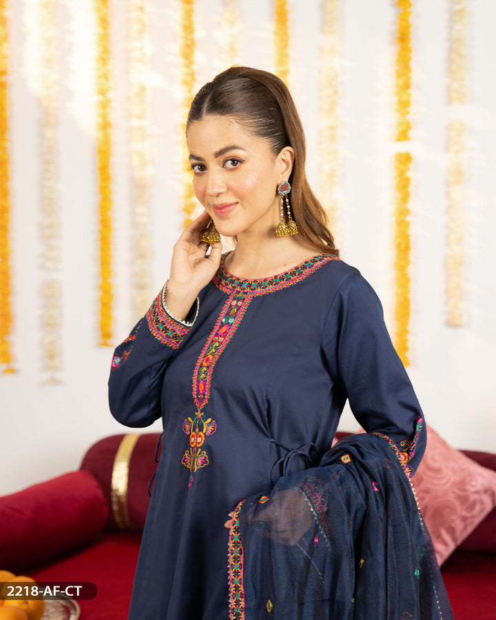 3 Piece Cotton Satin Embroidered Suit | 2218-AF-CT.ST - Sha Posh Textile