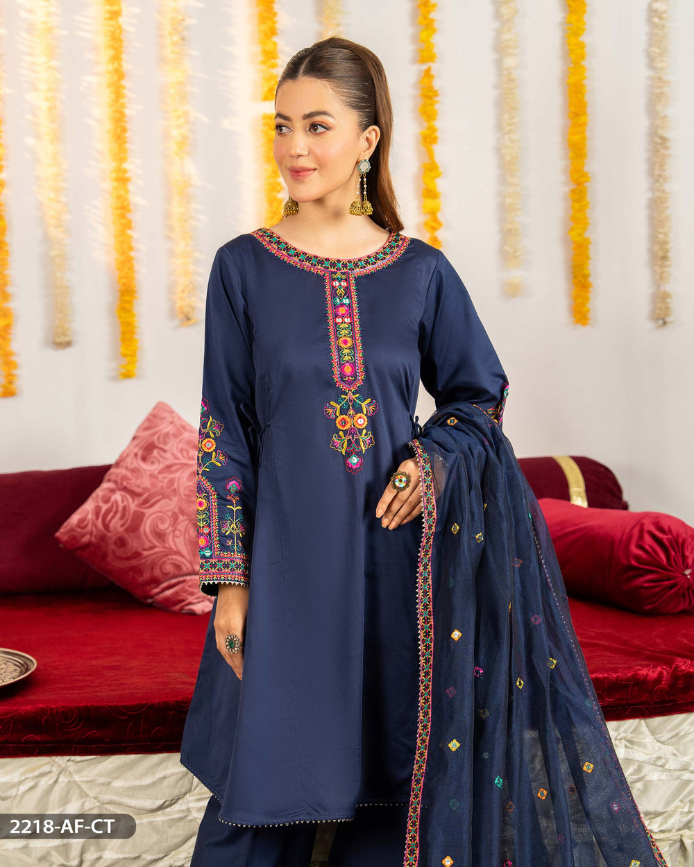 3 Piece Cotton Satin Embroidered Suit | 2218-AF-CT.ST - Sha Posh Textile