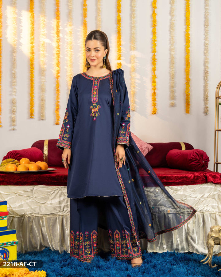 3 Piece Cotton Satin Embroidered Suit | 2218-AF-CT.ST - Sha Posh Textile