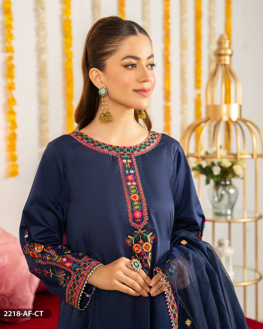 3 Piece Cotton Satin Embroidered Suit | 2218-AF-CT.ST - Sha Posh Textile