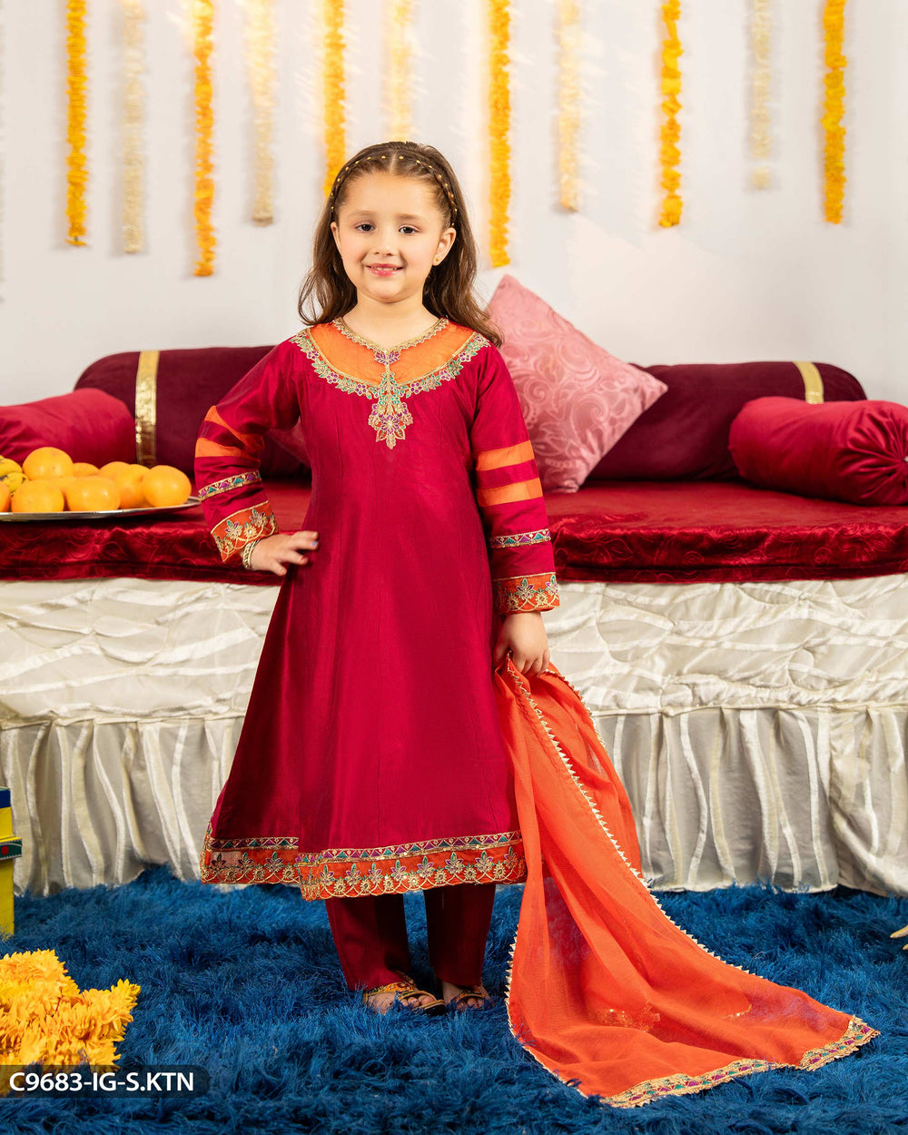 Kids 3 Piece Chambray Katan Frock | 9683-IG-S.KTN - Sha Posh Textile