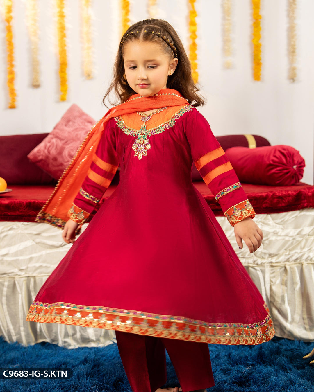 Kids 3 Piece Chambray Katan Frock | 9683-IG-S.KTN - Sha Posh Textile