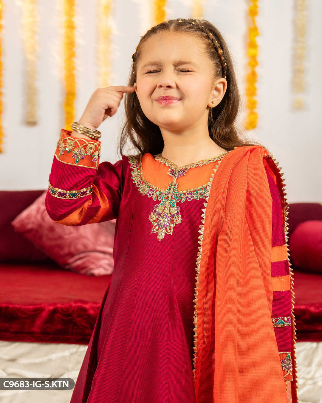 Kids 3 Piece Chambray Katan Frock | 9683-IG-S.KTN - Sha Posh Textile
