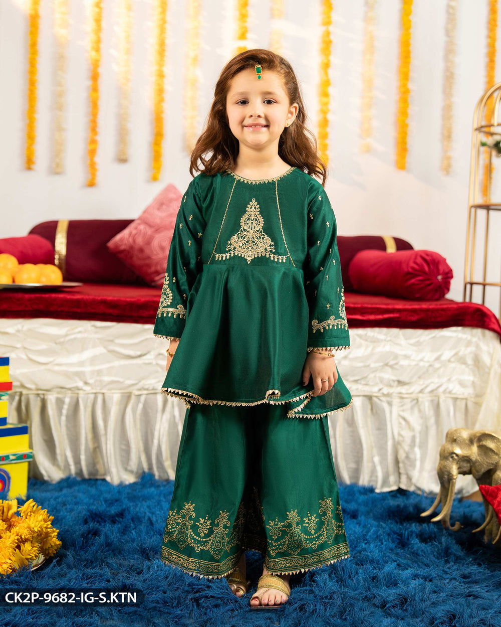 Kids Embroidered Chambray Katan Suit | 9682-IG-S.KTN - Sha Posh Textile