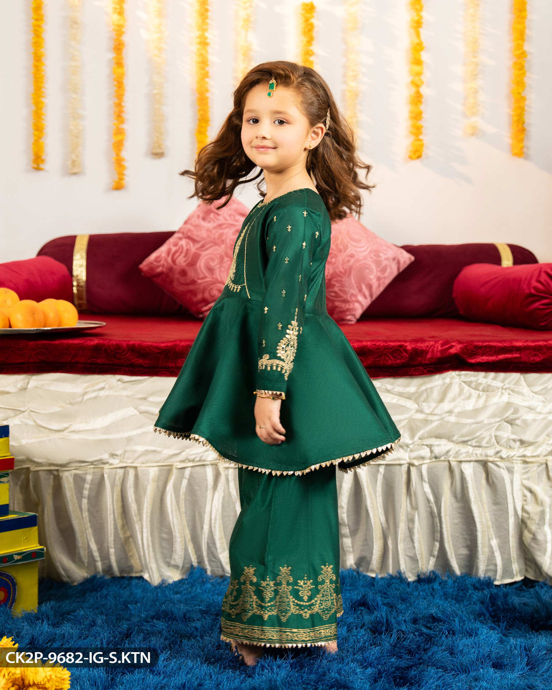 Kids Embroidered Chambray Katan Suit | 9682-IG-S.KTN - Sha Posh Textile