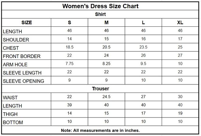 Women's Embroidered Cambric Cotton 3-Piece Suit size chart