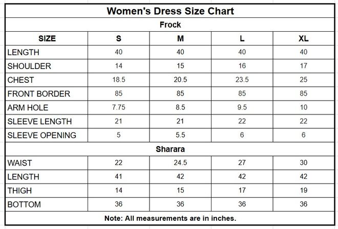 Women’s Tilla Embroidered Net Frock with Sharara size chart