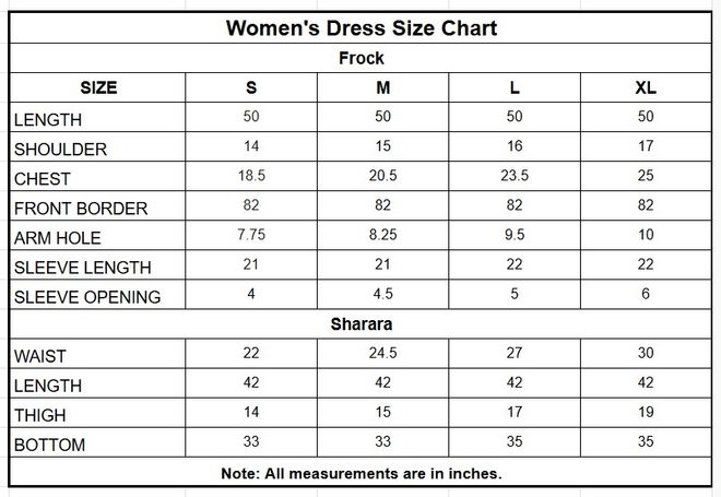 3 Piece Embroidered Net Frock with Sharara for Women size chart