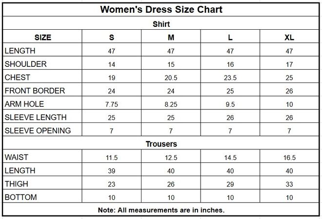 Women’s Plain Paper Katan 3PC Suit with Tilla Embroidery size chart