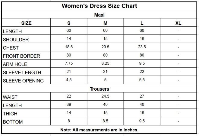 Women’s Semi Pure Organza Embroidered Maxi 3 Piece Suit size chart