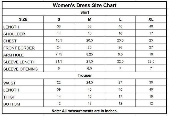 Velvet 3PC | 1199 size chart