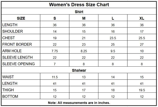 Women’s Embroidered Cambric Cotton 3PC Suit with Crinkle Chiffon Dupatta size chart
