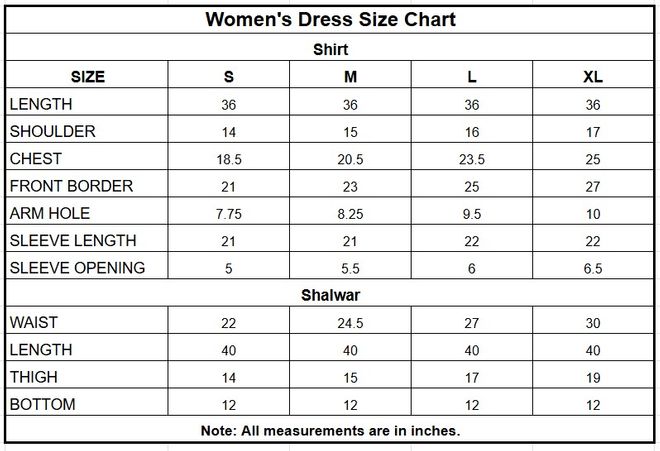 Embroidered Cambric Cotton 3 Piece Suit for Women size chart