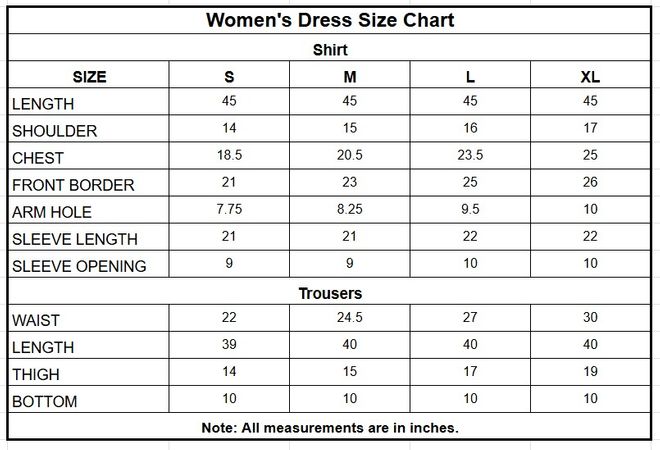 Embroidered Cambric Cotton 3 Piece Suit for Women size chart