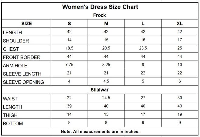 3 Piece Tilla Embroidered Chambray Bindi Frock Pakistan size chart