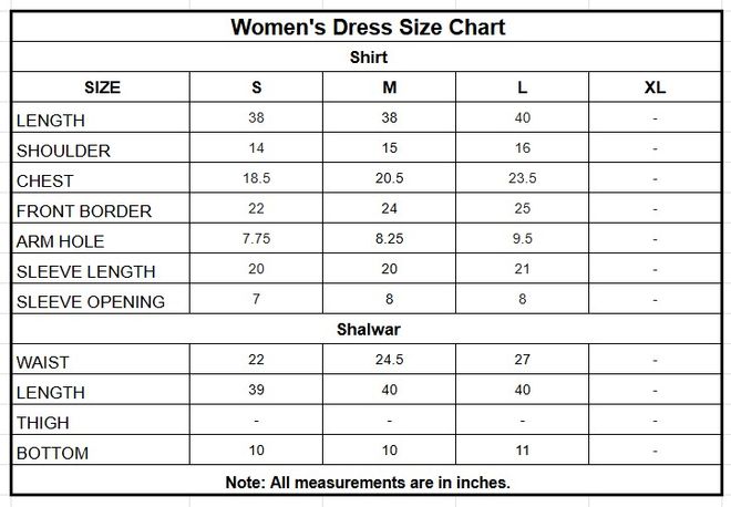 Floral Printed Cotton 3 Piece Stitched Suit for Women size chart