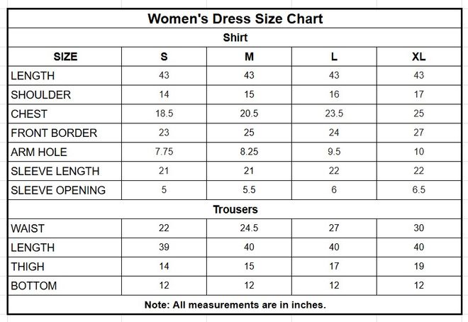 Raw Silk 3PC | 1335 size chart