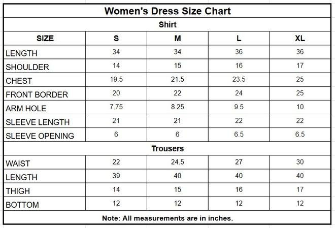 Women’s Embroidered Paper Katan 3 Piece Suit size chart
