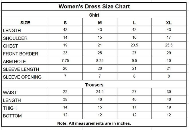 Embroidered Cross Slub Cotton 3 Piece Suit for Women size chart