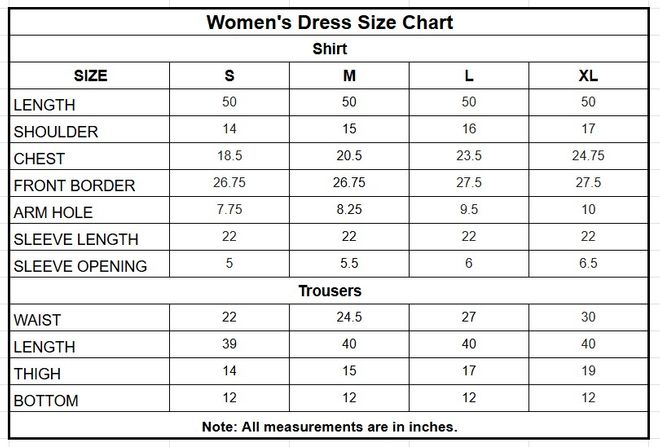 Blue Tilla Embroidered Cambric Cotton 3 Piece Suit for Women size chart