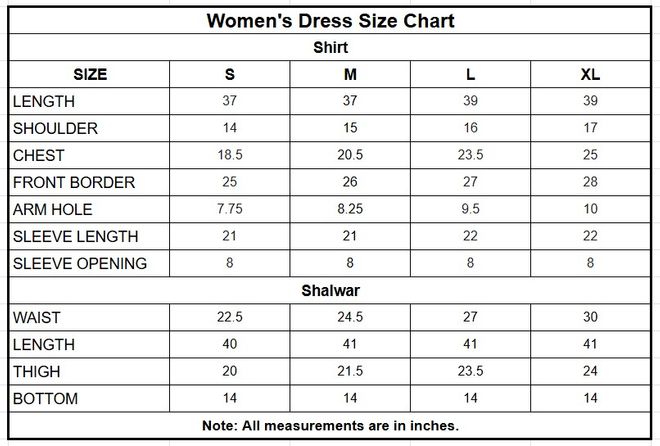 Women’s Embroidered Jacquard Cotton Viscose 3 Piece Suit size chart