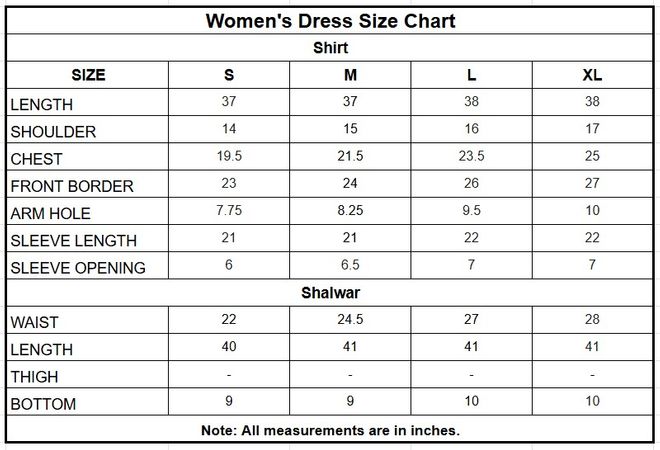 Embroidered Dull Raw Silk 3-Piece Shalwar Suit size chart