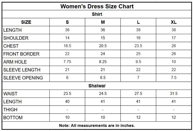 Tilla Embroidered Tissue 3 Piece Suit for Women size chart