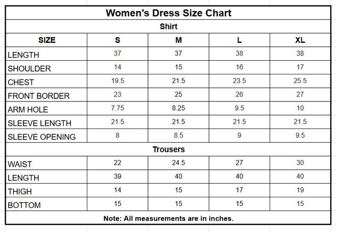 Embroidered Jacquard Cotton 3 Piece Suit for Women size chart