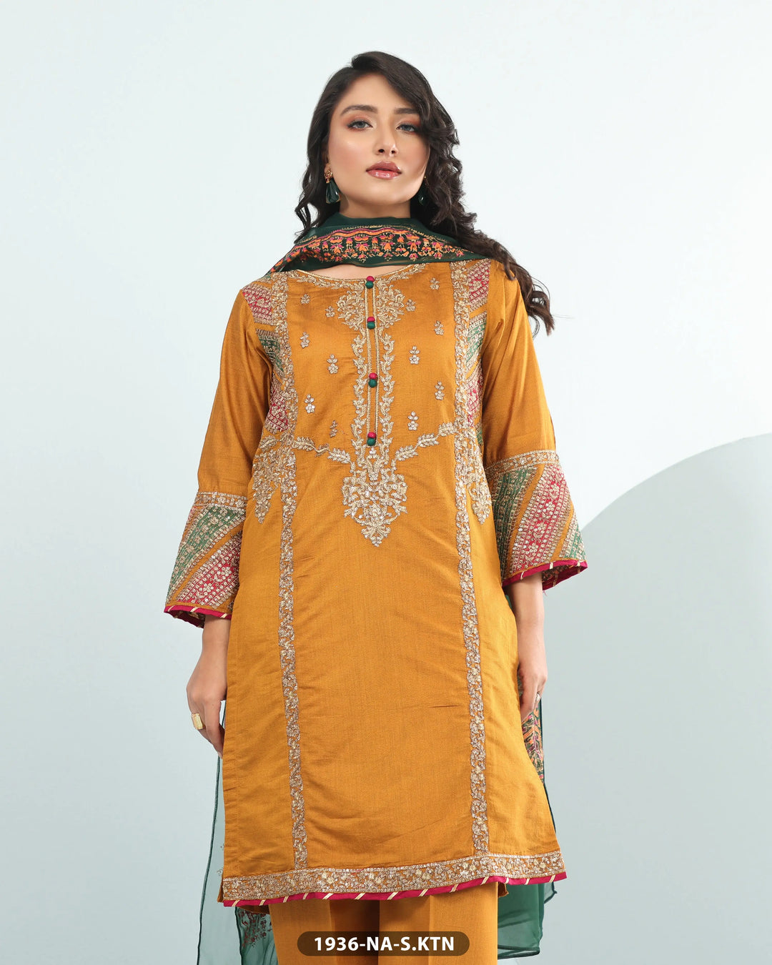 3 Piece Chambray Katan Embroidered| 1936-NA-S.KTN Sha Posh Textile