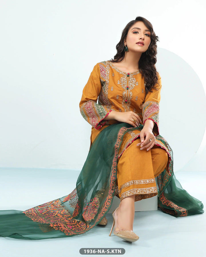 3 Piece Chambray Katan Embroidered| 1936-NA-S.KTN Sha Posh Textile