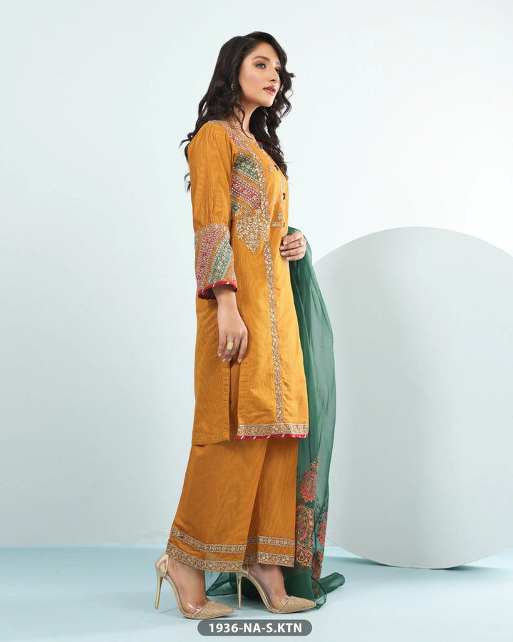 3 Piece Chambray Katan Embroidered| 1936-NA-S.KTN Sha Posh Textile