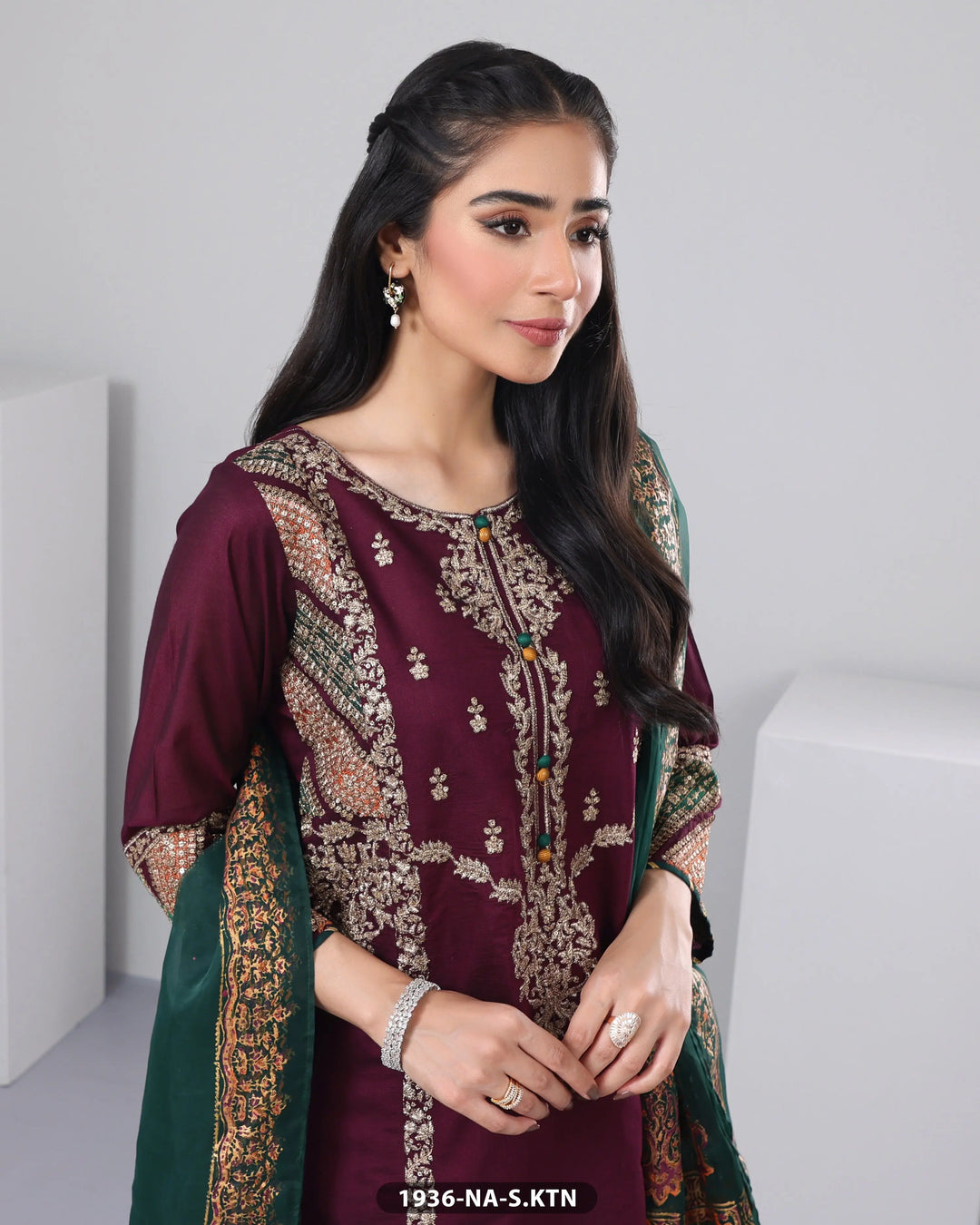3 Piece Chambray Katan Embroidered| 1936-NA-S.KTN Sha Posh Textile