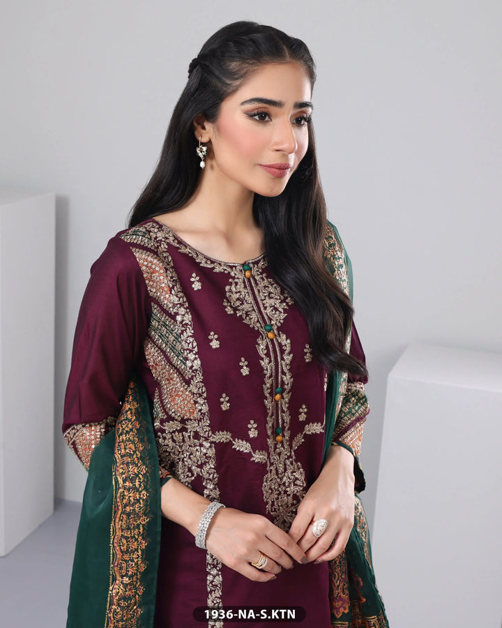 3 Piece Chambray Katan Embroidered| 1936-NA-S.KTN Sha Posh Textile