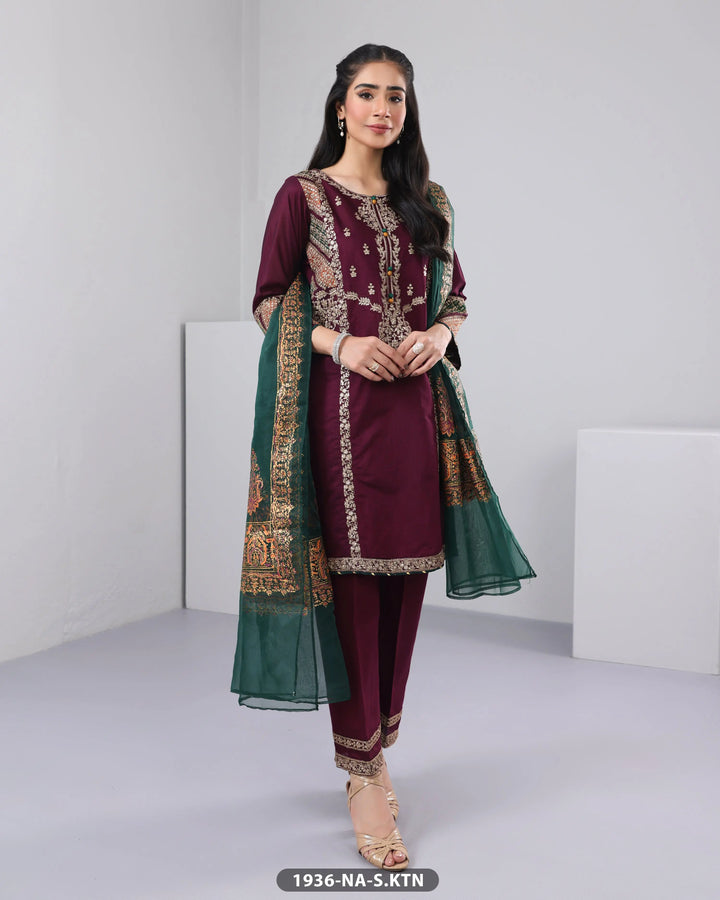 3 Piece Chambray Katan Embroidered| 1936-NA-S.KTN Sha Posh Textile