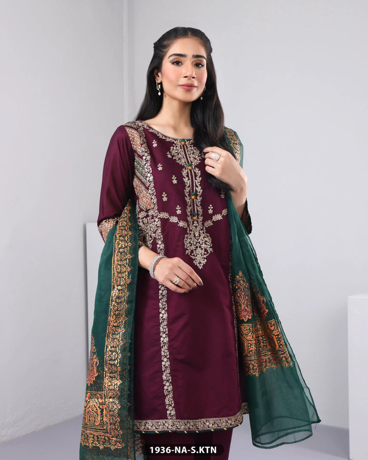 3 Piece Chambray Katan Embroidered| 1936-NA-S.KTN Sha Posh Textile