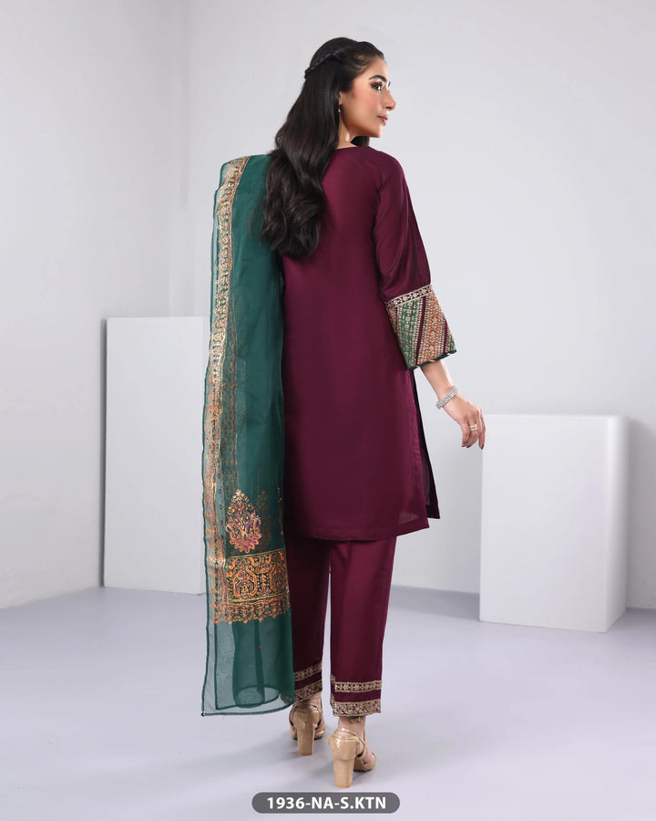 3 Piece Chambray Katan Embroidered| 1936-NA-S.KTN Sha Posh Textile