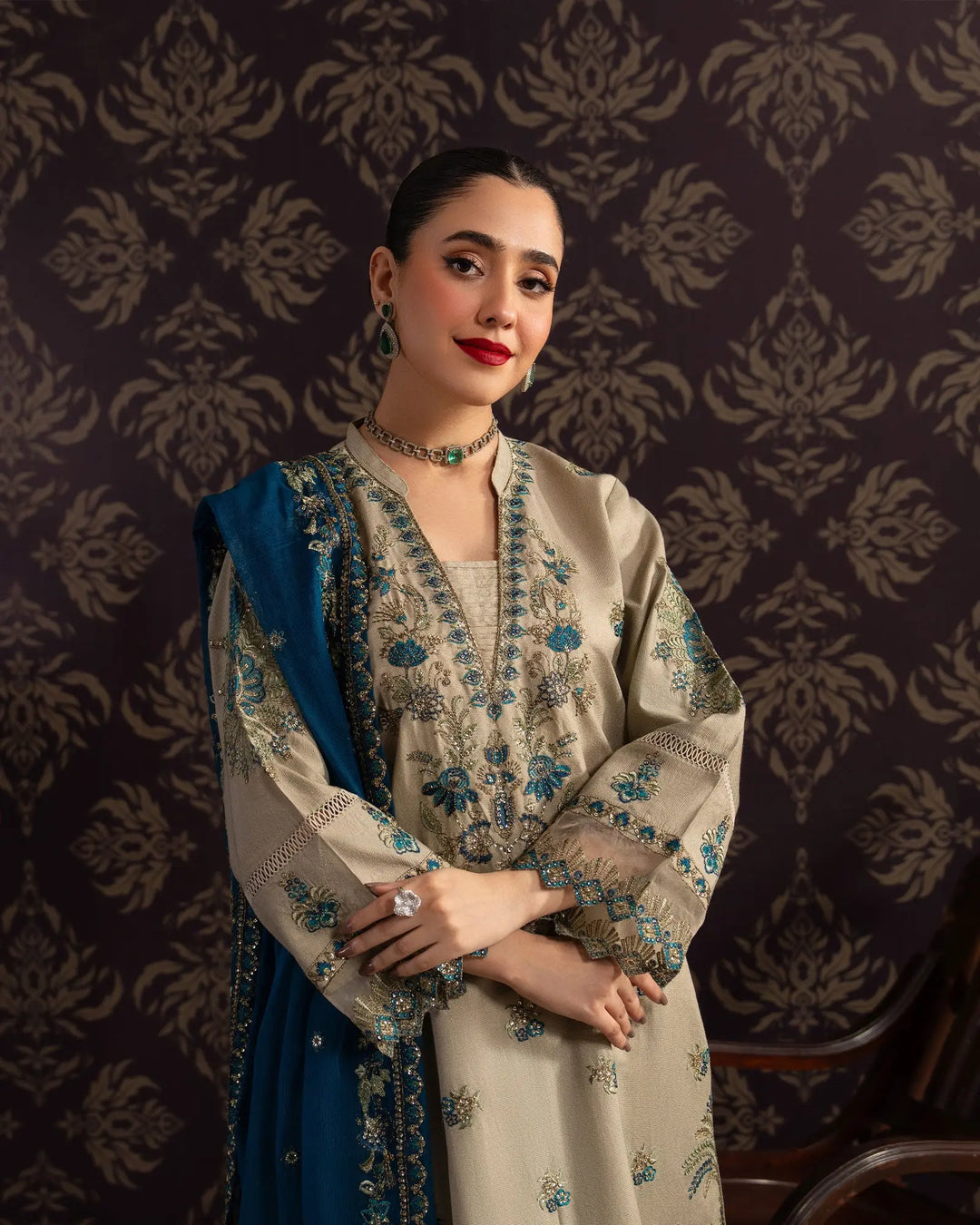 3 Piece Chambray Katan Suit Stitched | 1307-NA-S.KTN - Sha Posh Textile