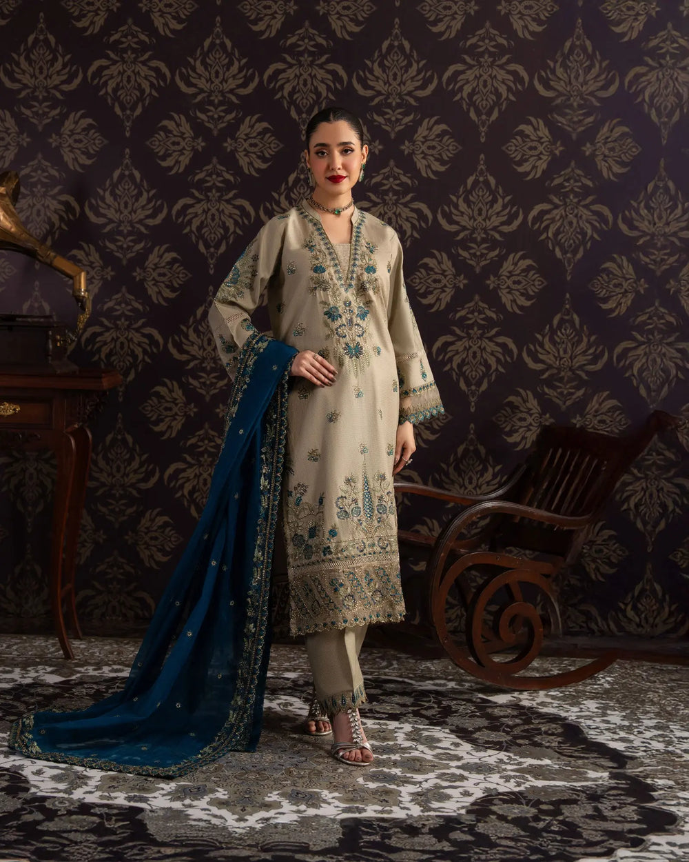 3 Piece Chambray Katan Suit Stitched | 1307-NA-S.KTN - Sha Posh Textile