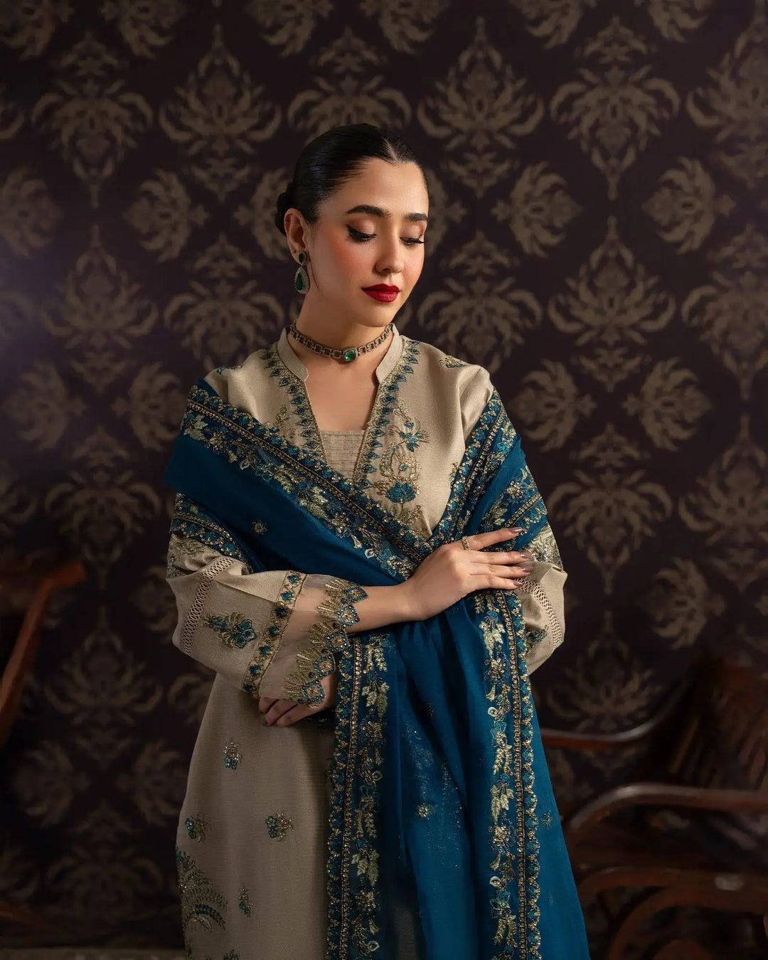 3 Piece Chambray Katan Suit Stitched | 1307-NA-S.KTN - Sha Posh Textile